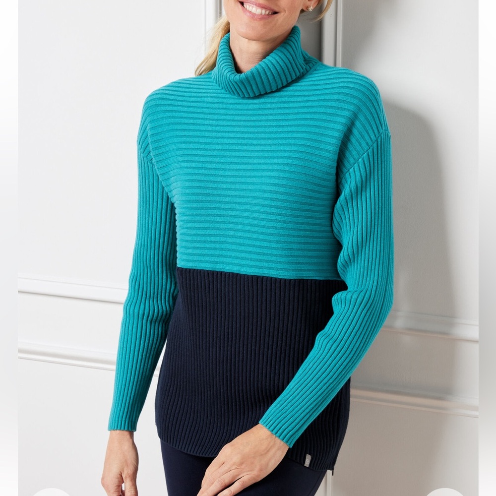 Talbots Teal and Navy Colorblock Turtleneck Ribbed Sweater New Size Small